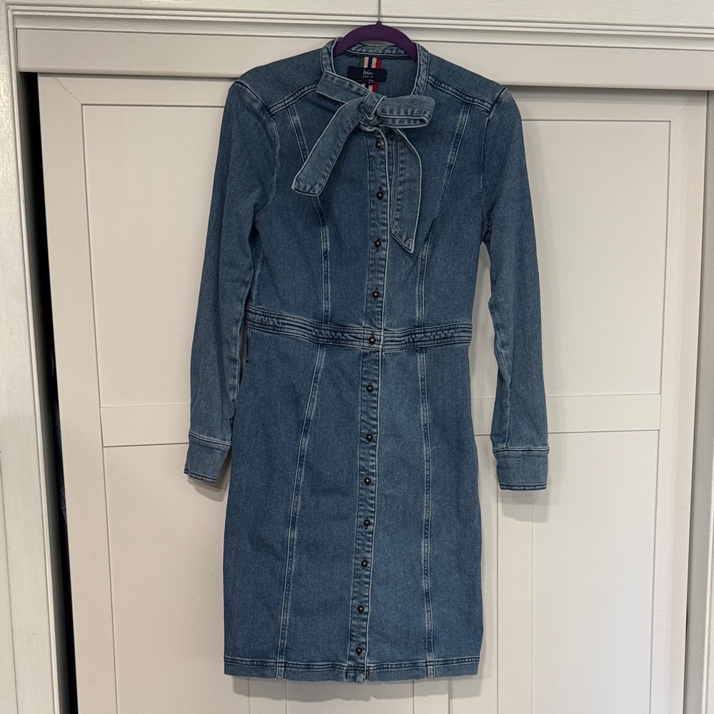 Denim Button-Front Tie-Neck Dress in Medium Blue 8L